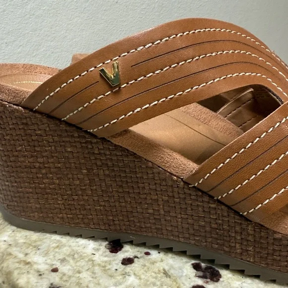 VIONIC MALORIE Raffia Natural Tan Leather Open Toe Slip On Wedge Sandals Sz 9.5 - Picture 4 of 16